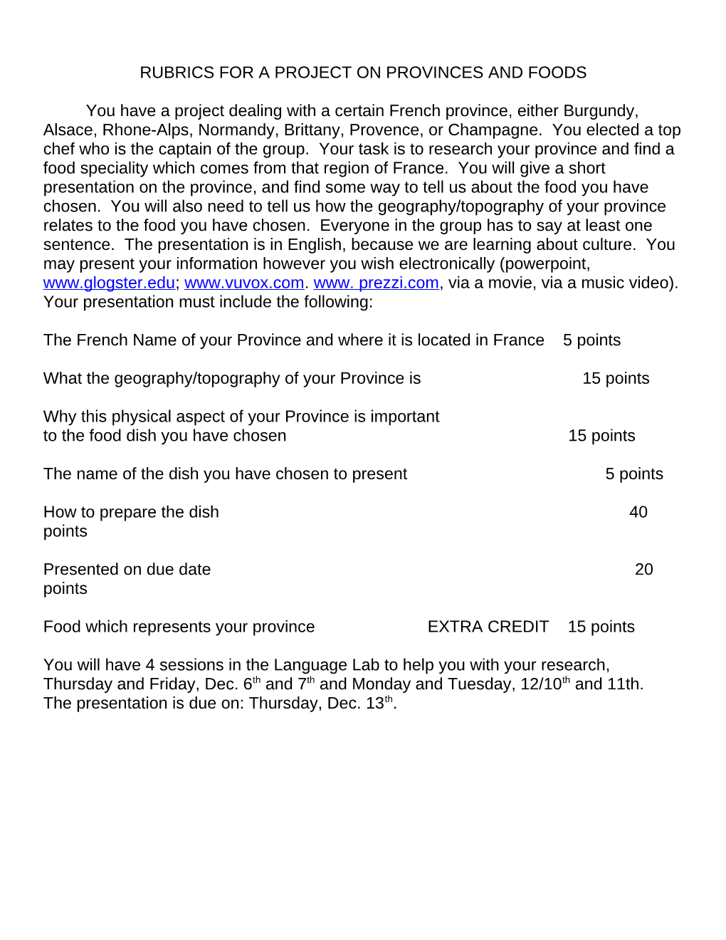 Rubrics for a Project on Provinces and Foods