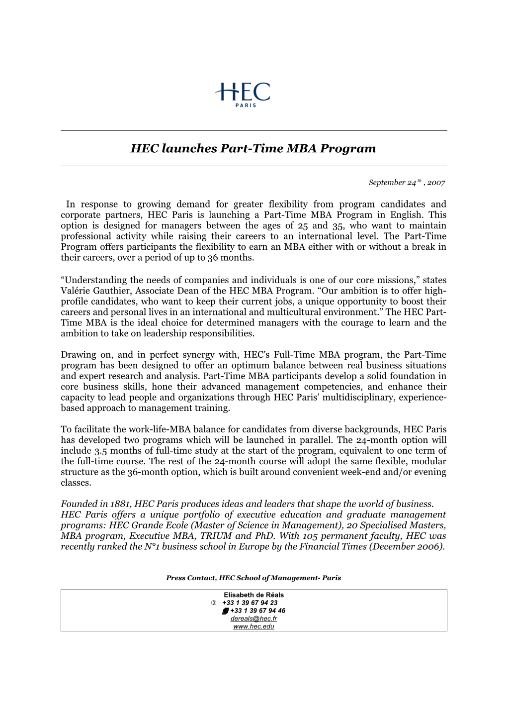 HEC Launches Part-Time MBA Program