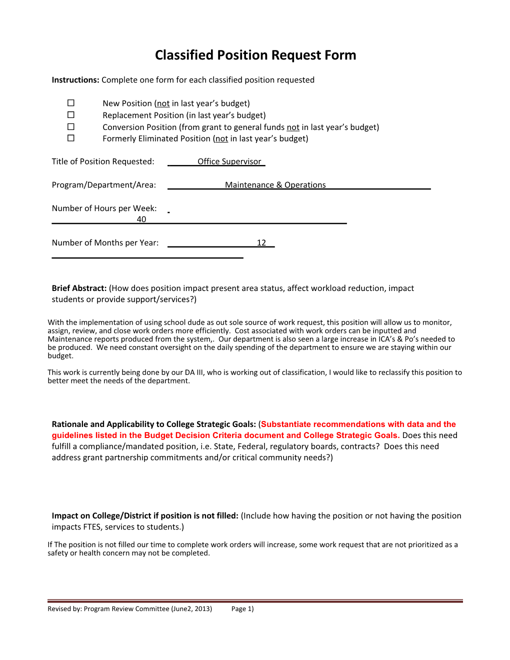 Classifiedposition Request Form