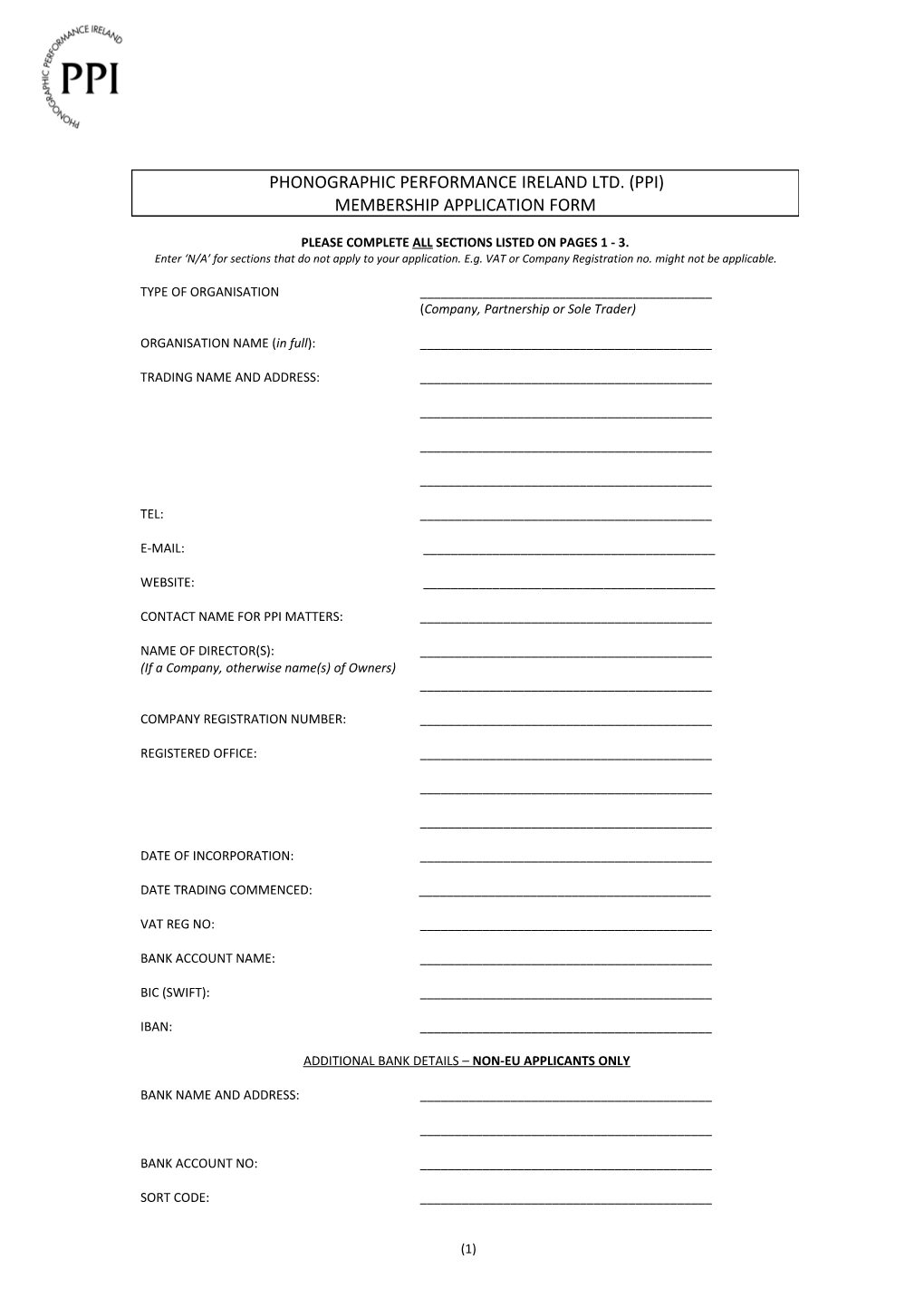 Phonographic Performance (Ire) Ltd MEMBERSHIP APPLICATION FORM