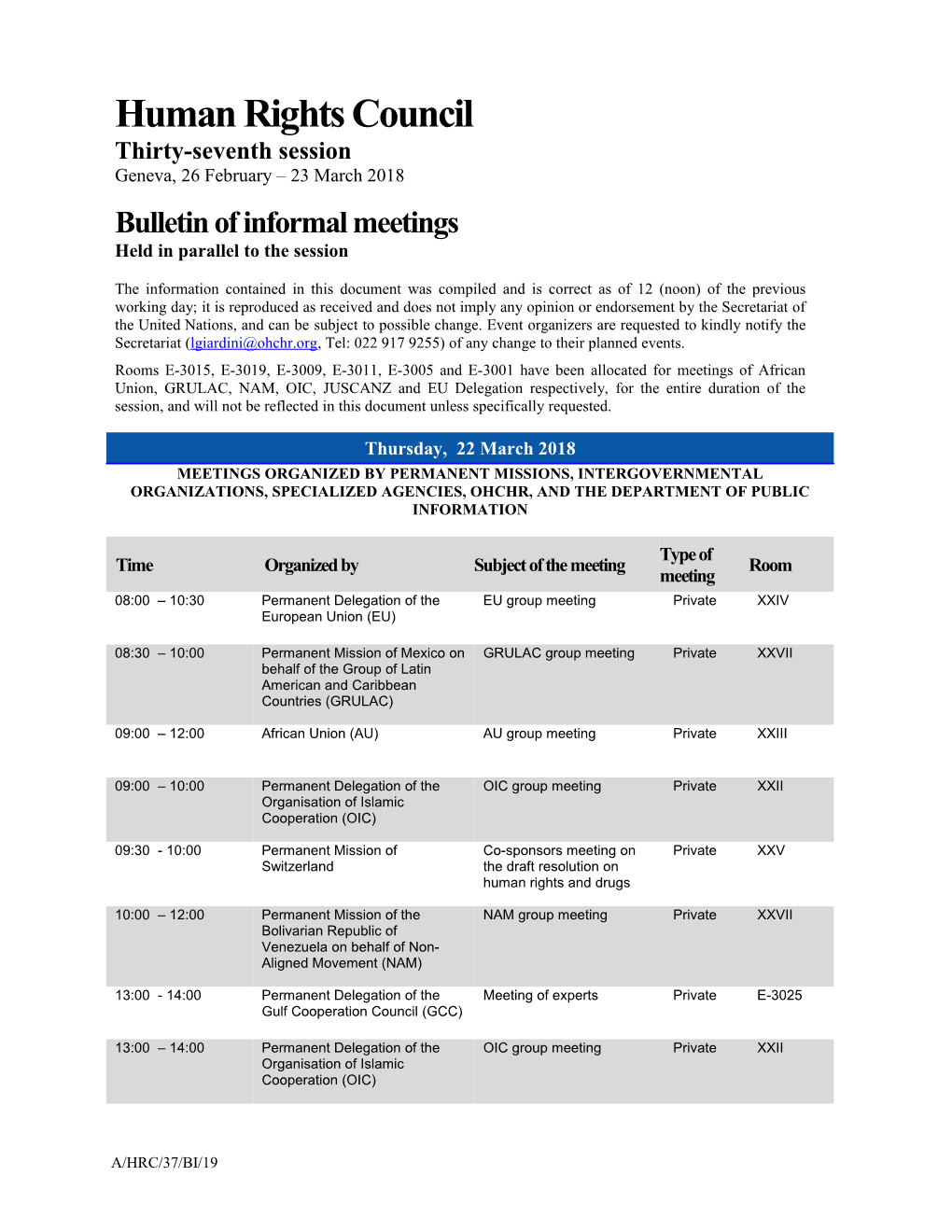 Bulletin of Informal Meetings, Thursday, 22 March 2018 in English