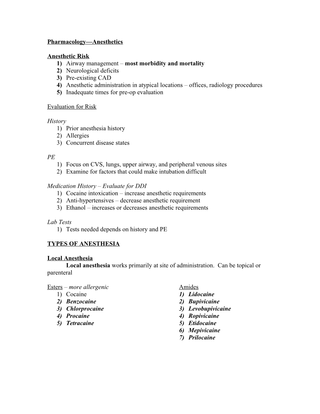 Pharmacology Anesthetics