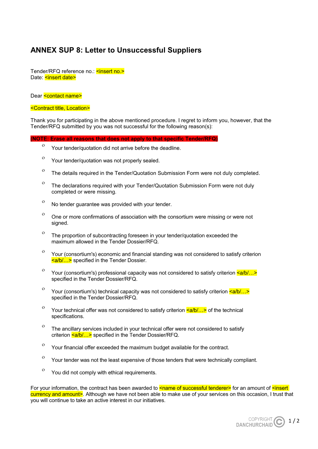 ANNEX SUP 8: Letter to Unsuccessful Suppliers