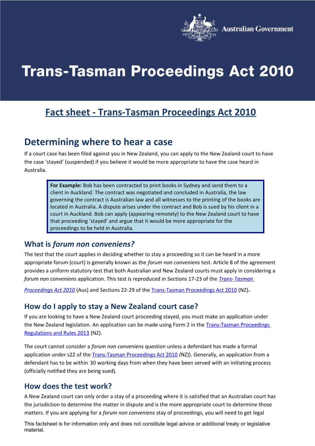 Fact Sheet - Trans-Tasman Proceedings Act 2010