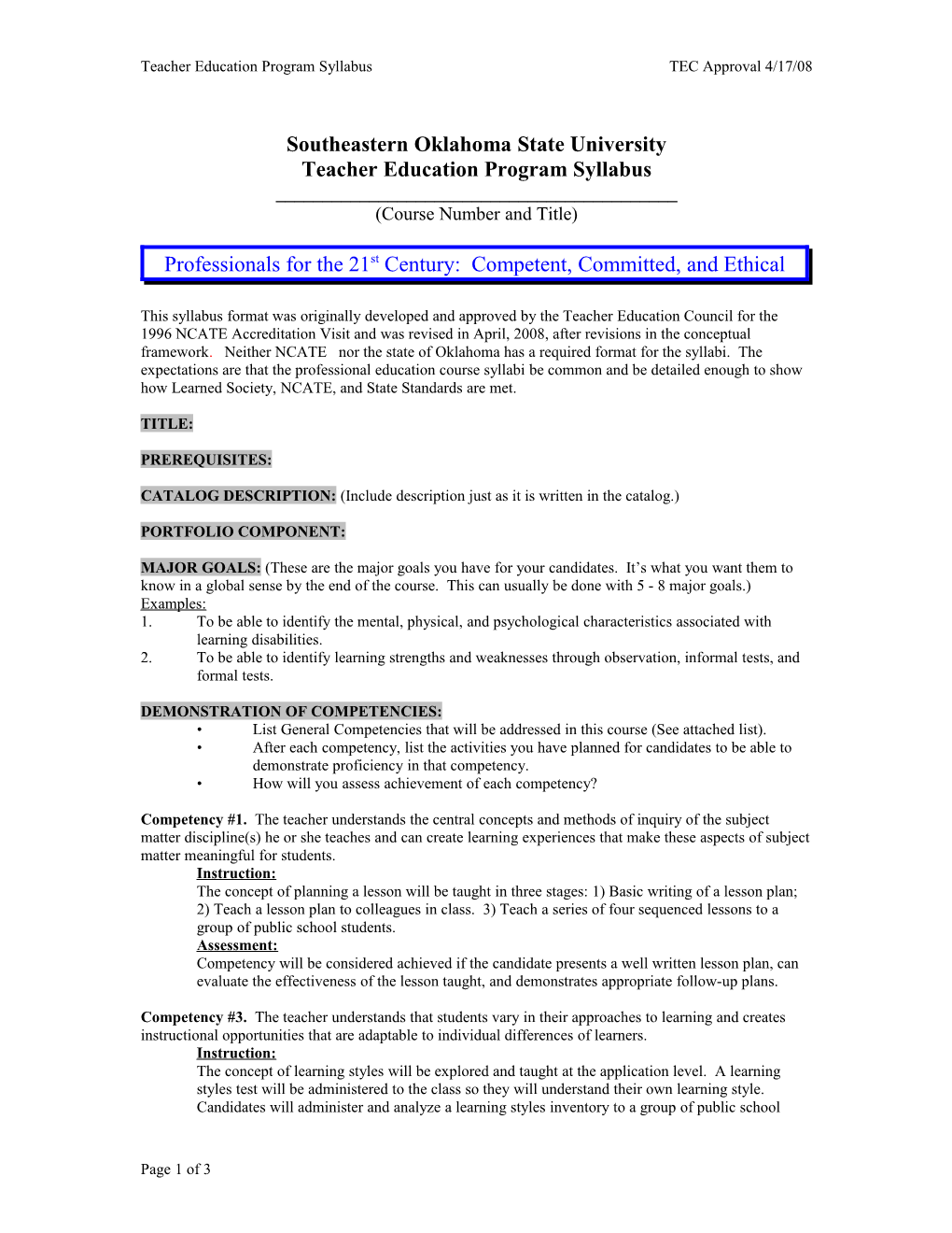 Teacher Education Program Syllabustec Approval 4/17/08