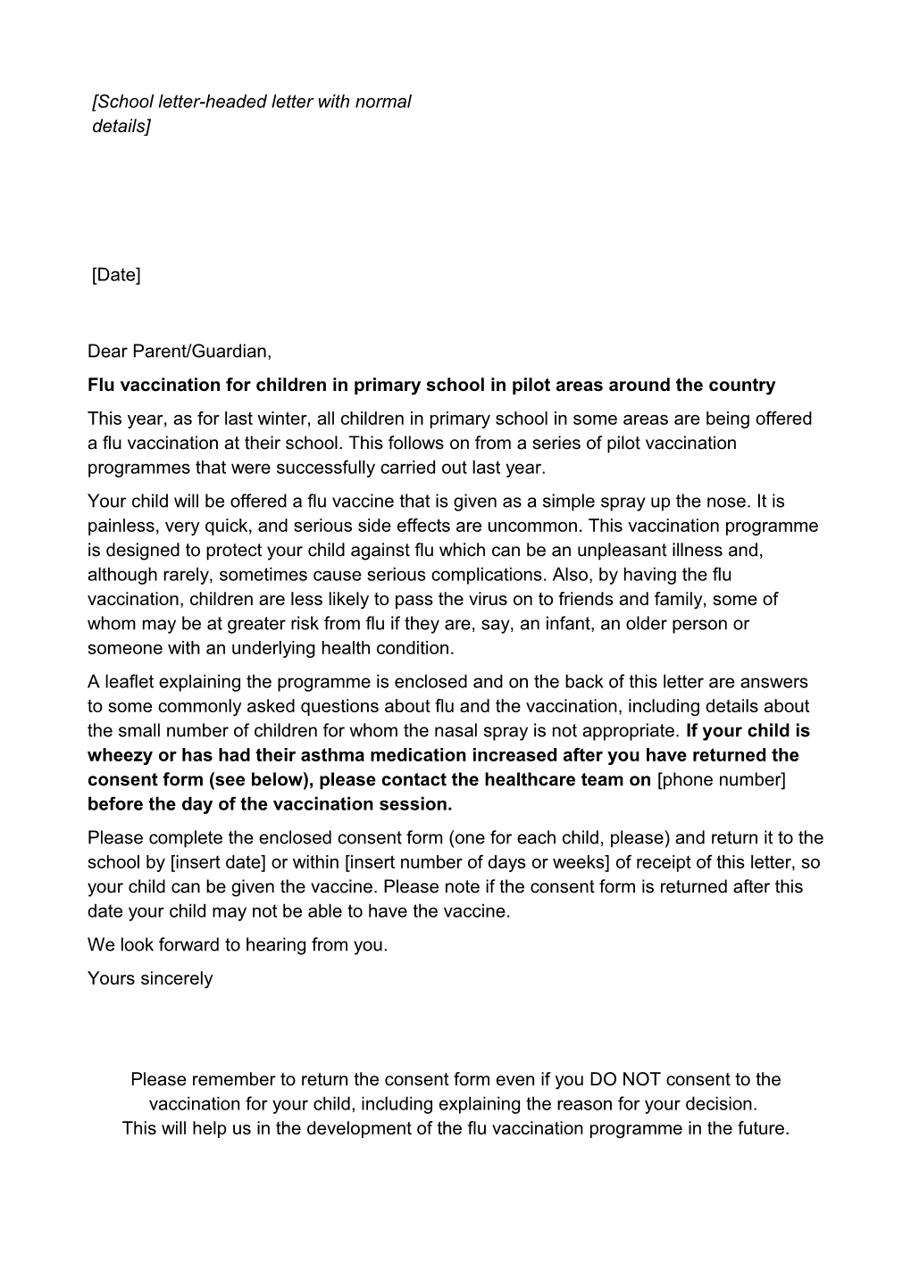 Letter - Schools Pilot Programme