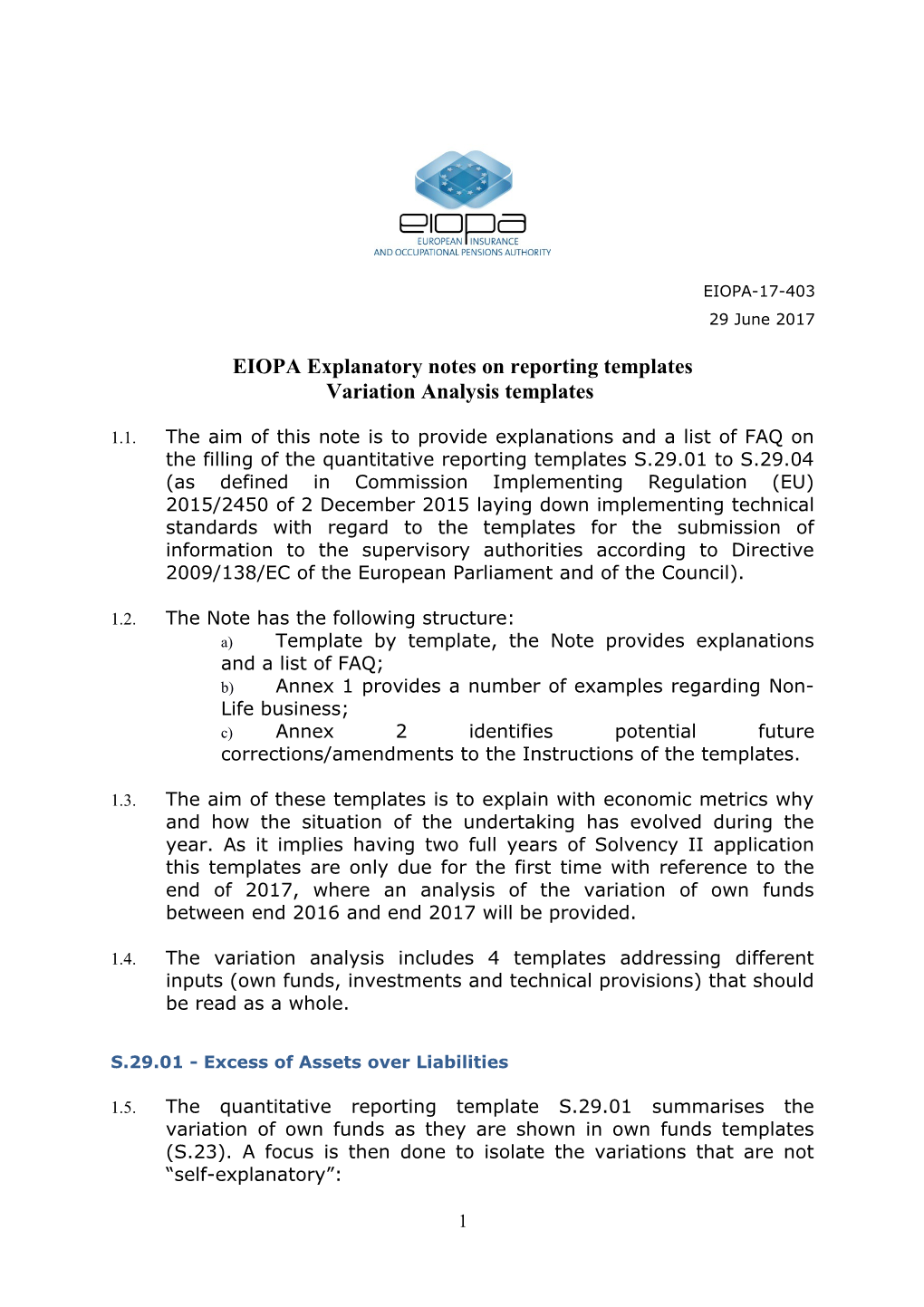 EIOPA Explanatory Notes on Reporting Templates