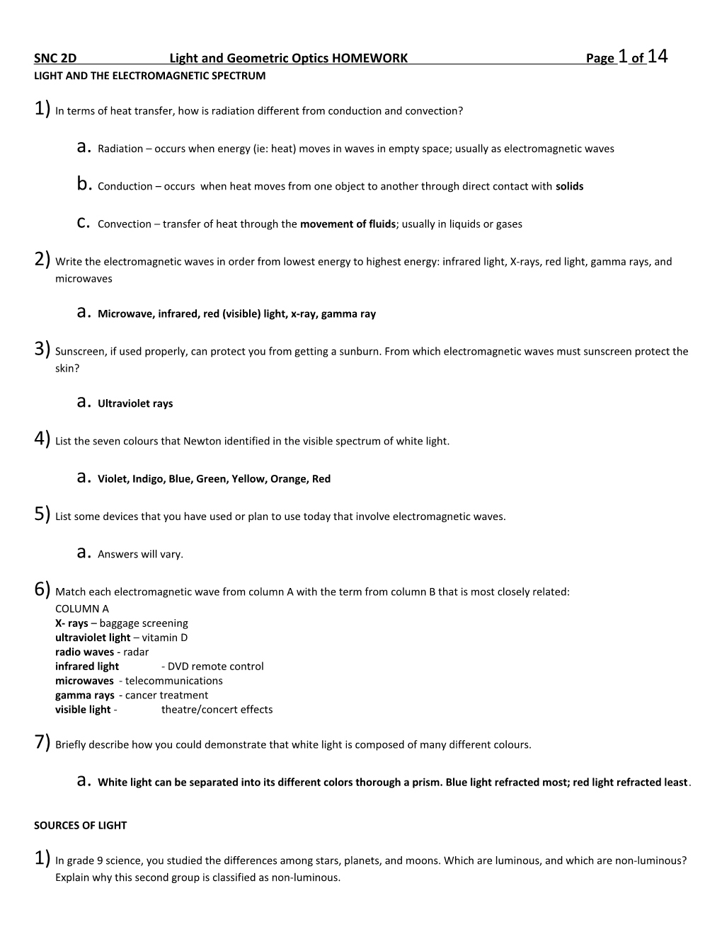 SNC 2D Light and Geometric Optics HOMEWORK Page 5 of 9