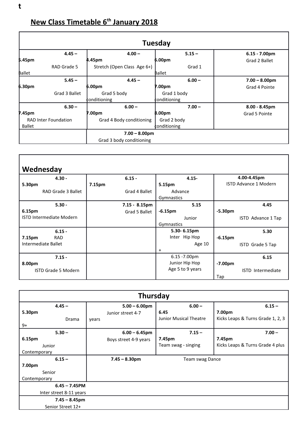New Class Timetable 6Th January 2018