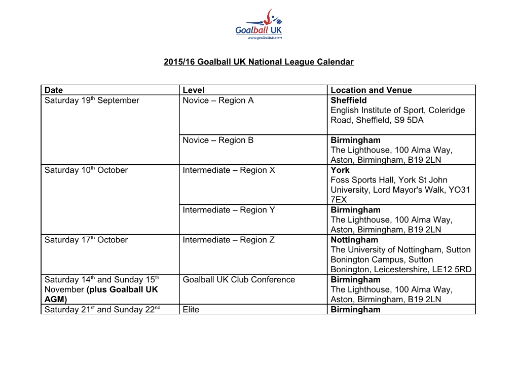2015/16Goalball UK National League Calendar