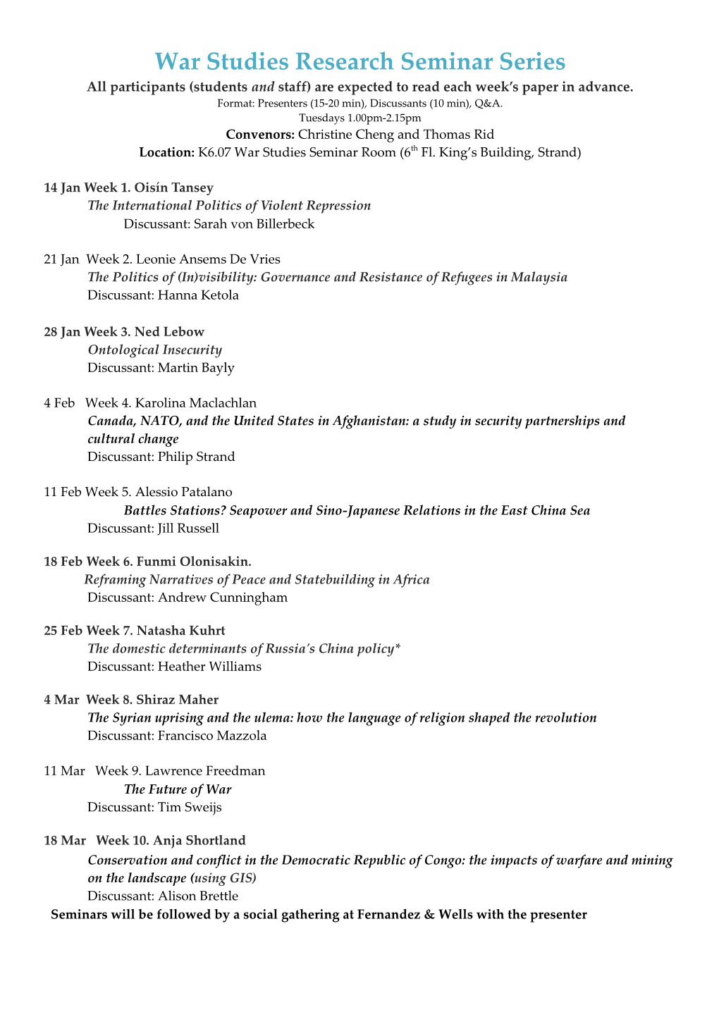 War Studies Research Seminar Series