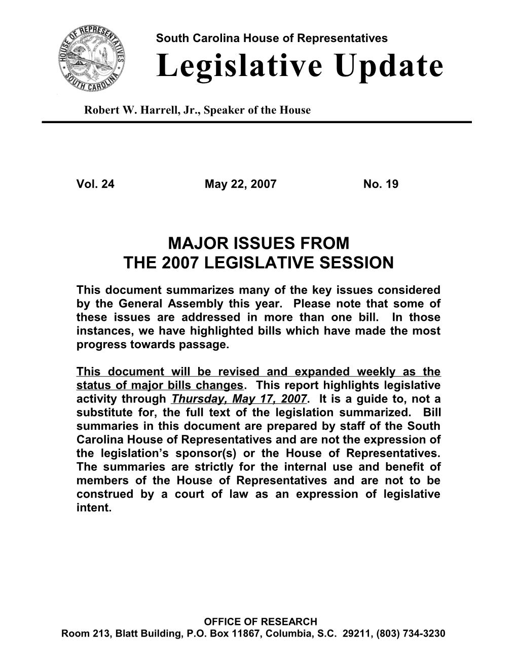 Legislative Update - Vol. 24 No. 19 May 22, 2007 - South Carolina Legislature Online