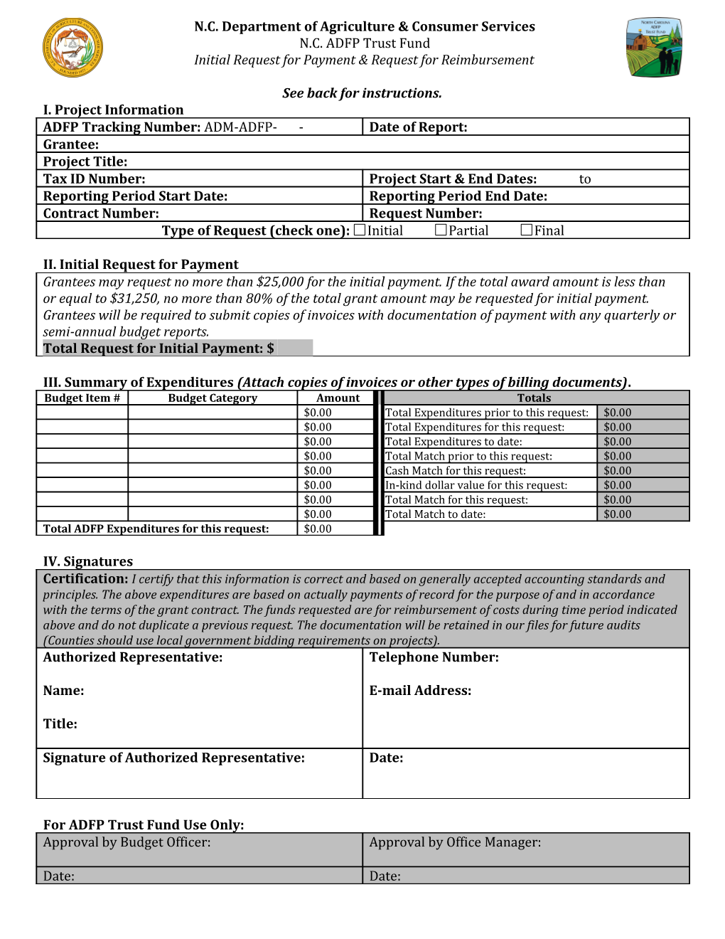 Initial Request for Payment & Request for Reimbursement