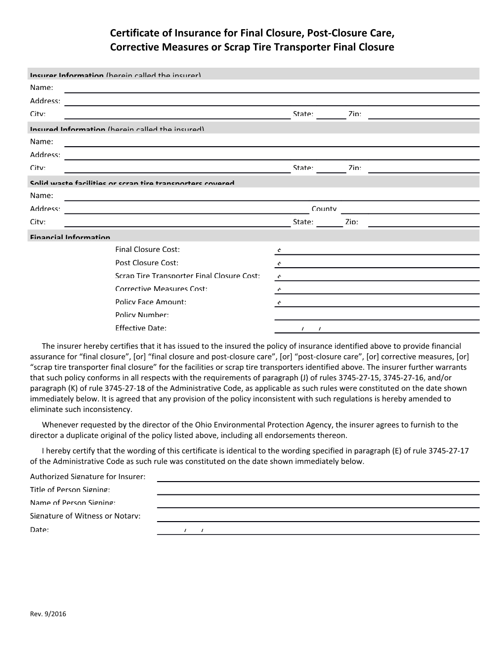 Certificate of Insurance for Final Closure, Post-Closure Care