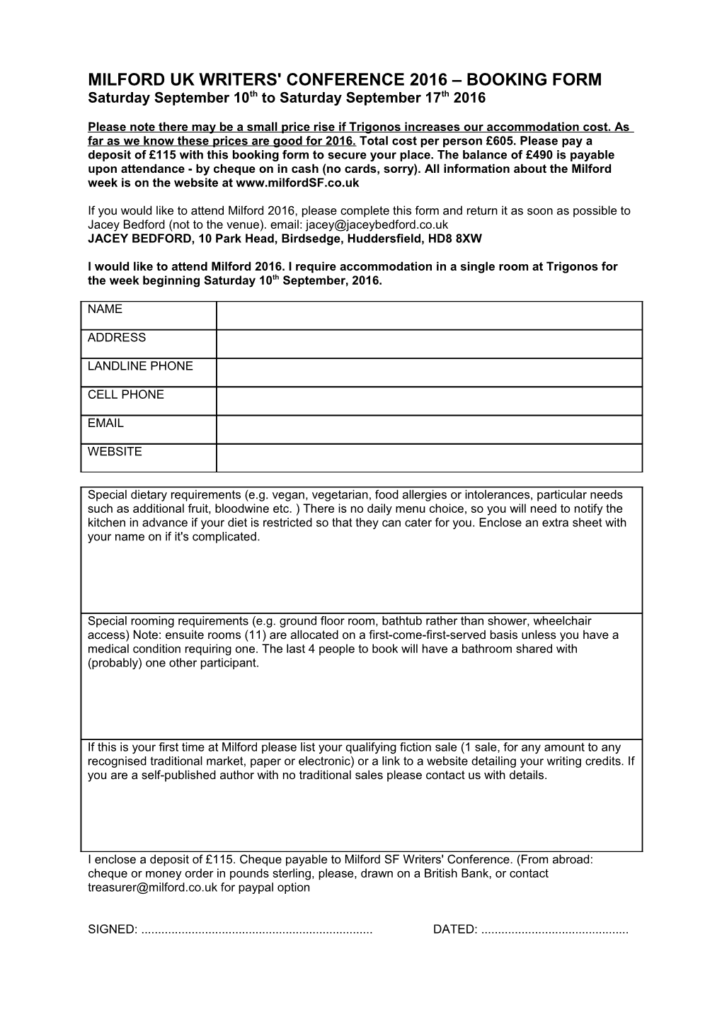 Milford Uk Writers' Conference 2011 - Booking Form