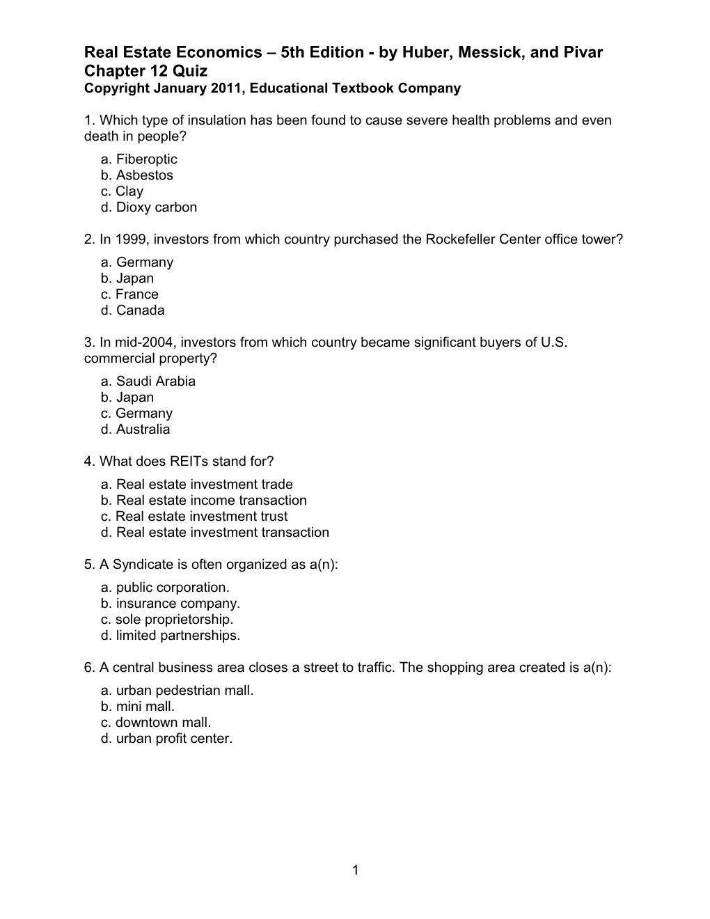 REAL ESTATE ECONOMICS - Chapter Quizzes