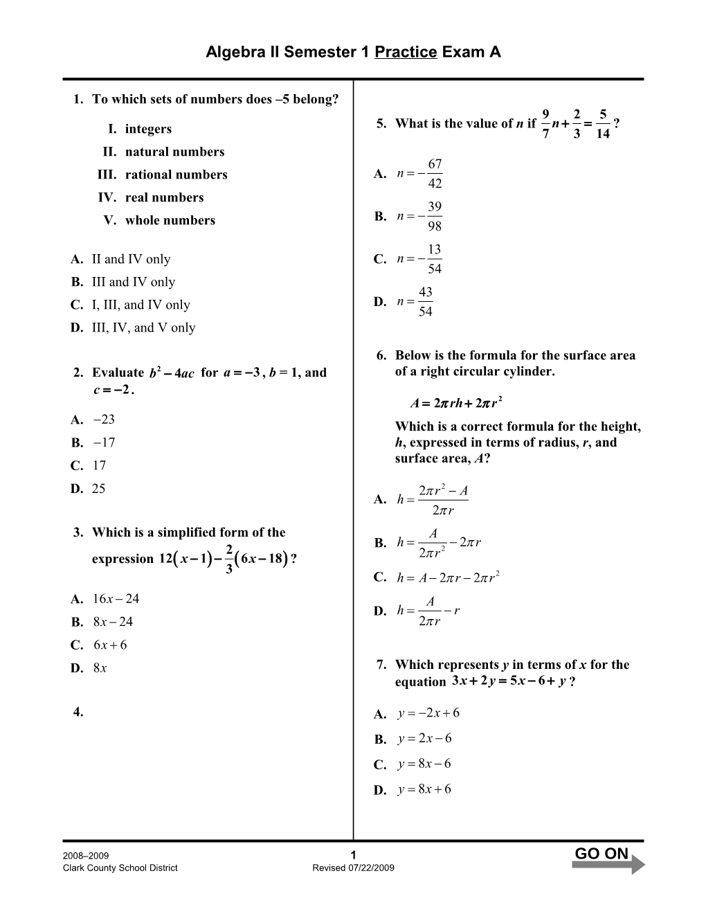 Algebra Iisemester 1 Practice Exam A