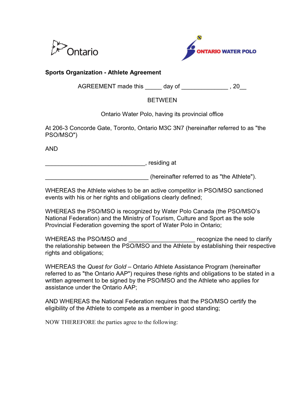 SPORTS ORGANIZATION Athlete Agreement