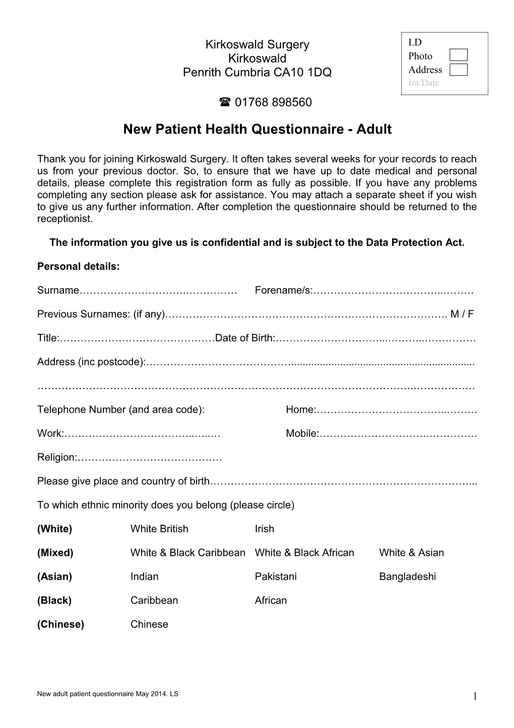 New Patient Health Questionnaire - Adult