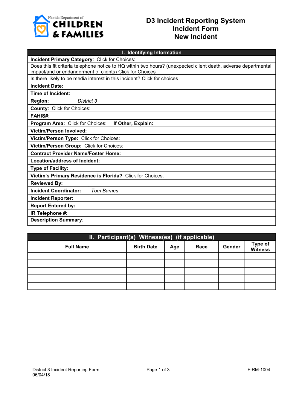 Incident Reporting Form with Drop Down Boxes