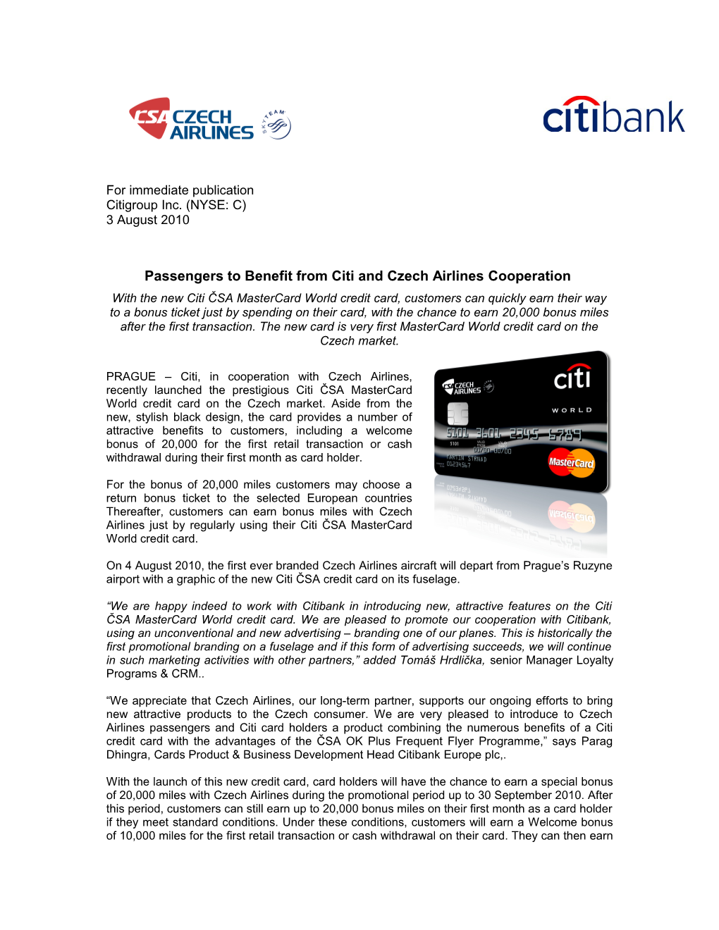Passengers to Benefit from Citi and Czech Airlines Cooperation
