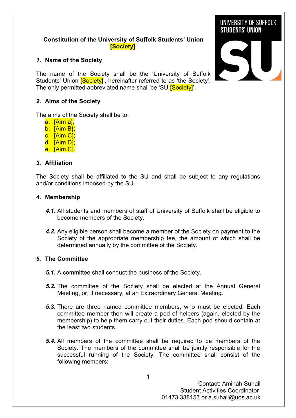 Constitution of the University Campus Suffolk Hockey Club