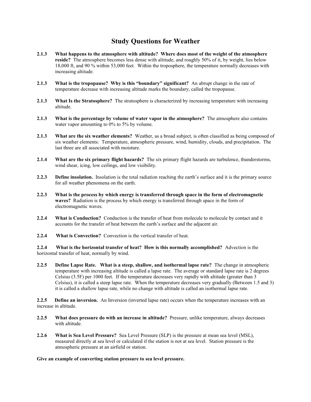 Study Questions for Weather