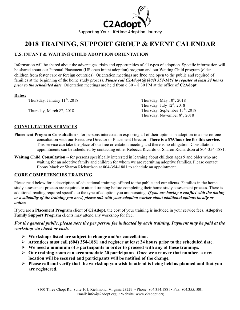 2018 Training, Support Group & Event Calendar