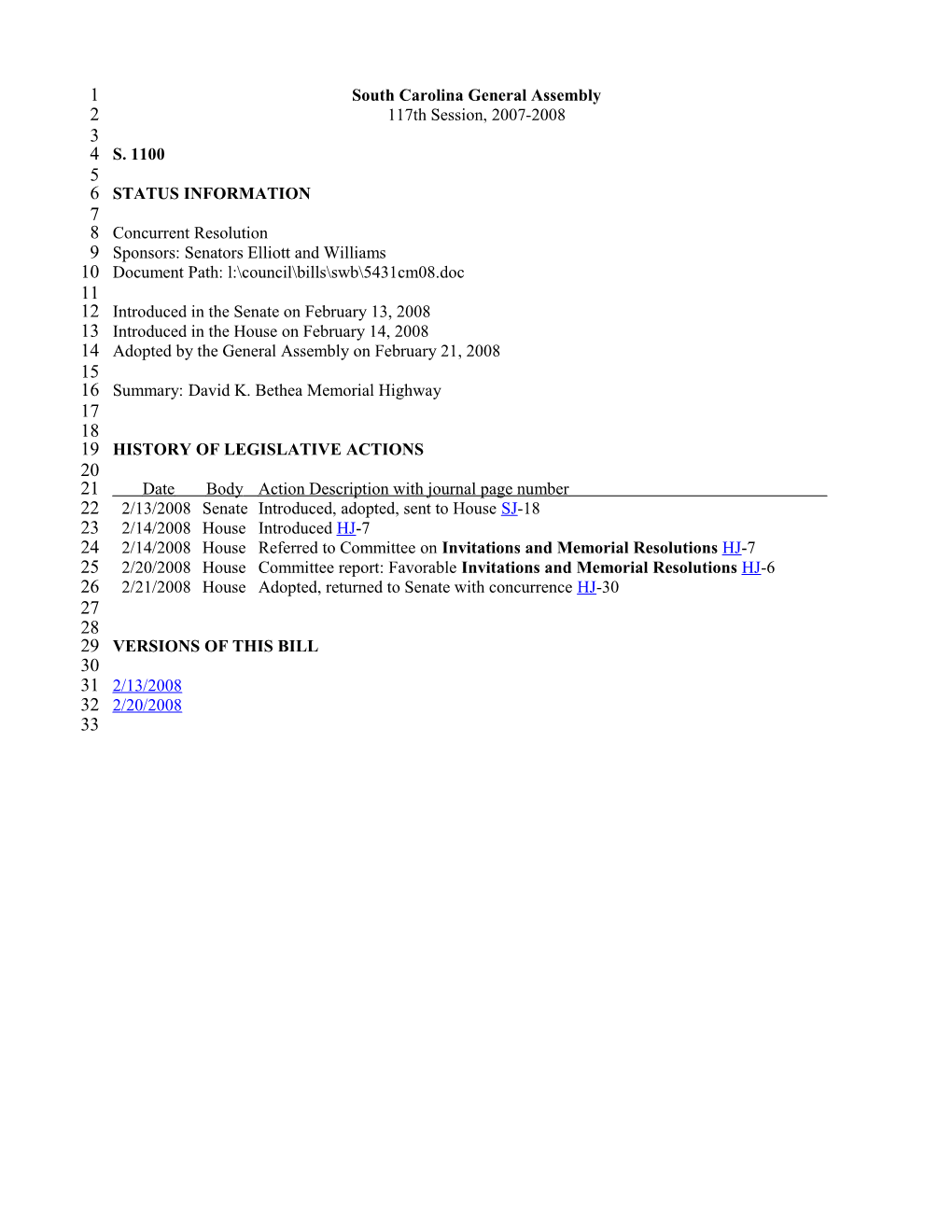 2007-2008 Bill 1100: David K. Bethea Memorial Highway - South Carolina Legislature Online