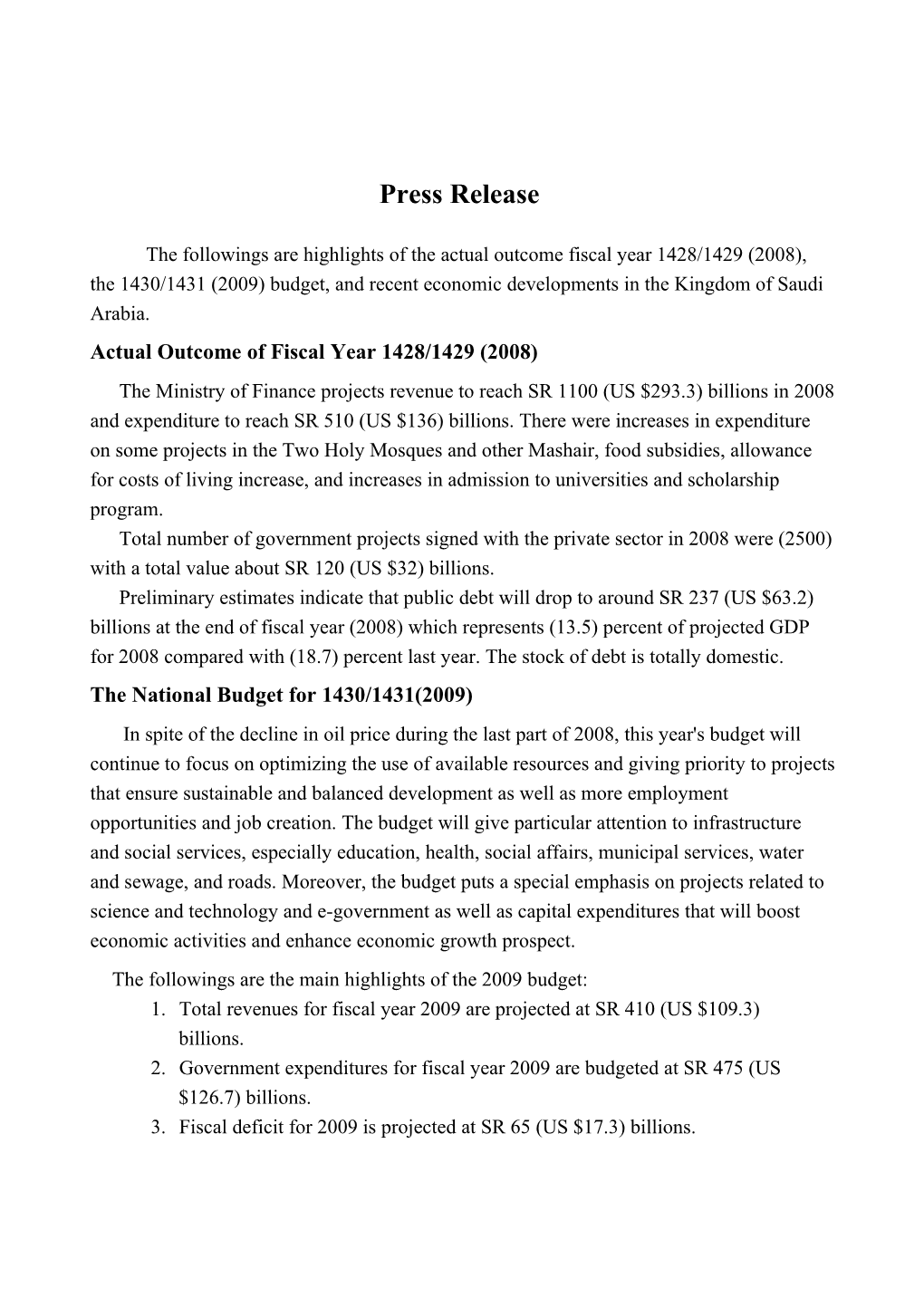 Ministry's of Finance Statment About the National Budget for 2009