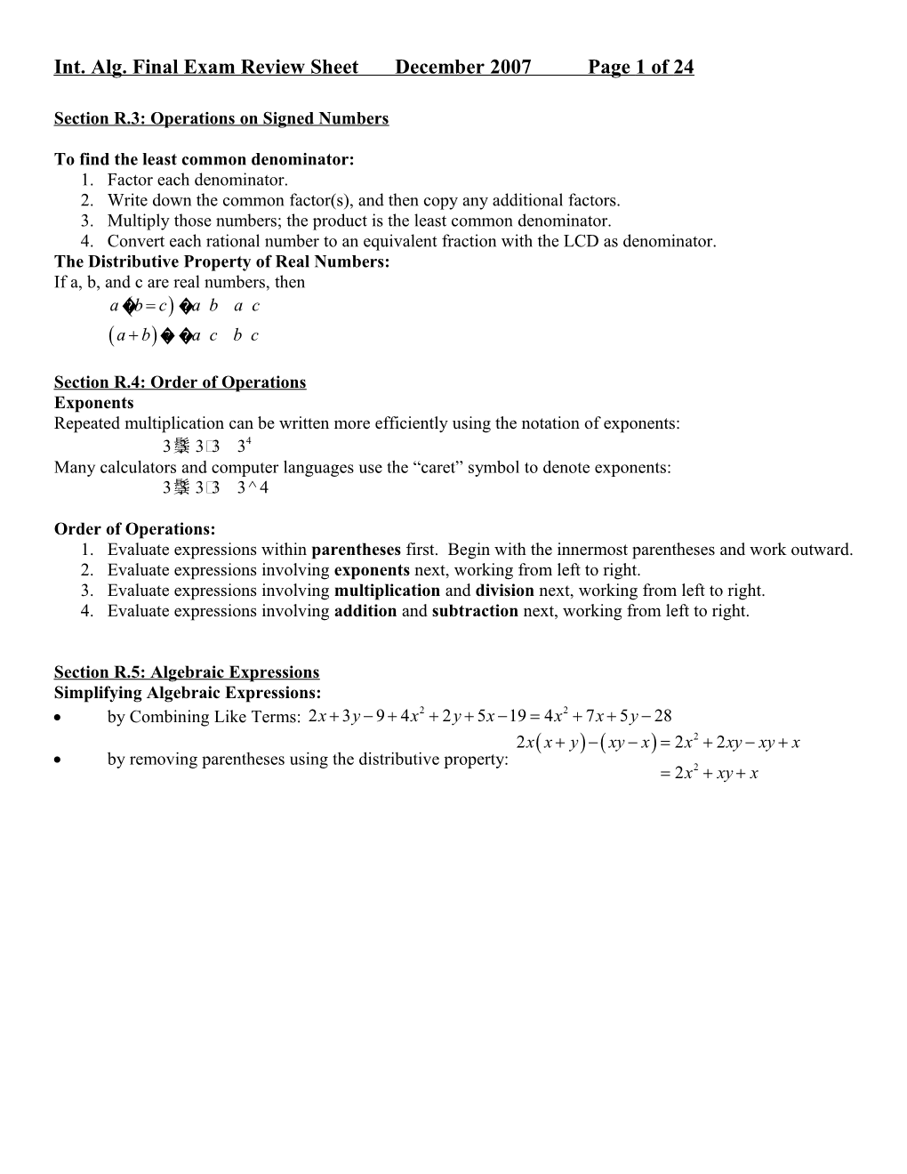 Intermediate Algebra Final Exam Review Sheet