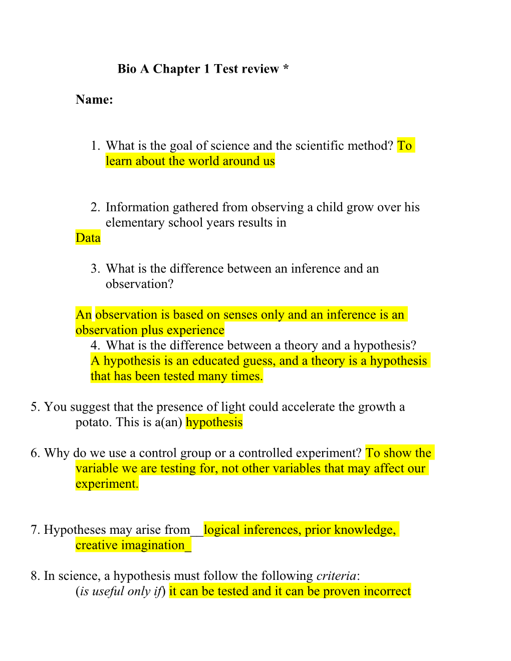 Bio a Chapter 1 Test Review *