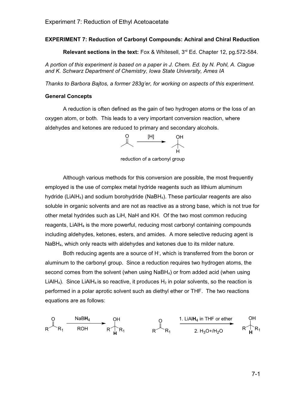 EXPERIMENT 7: Reduction of Carbonyl Compounds: Achiral and Chiral Reduction