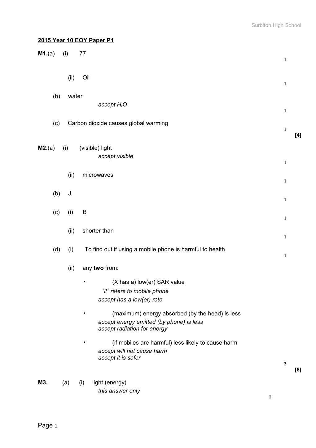 2015 Year 10 EOY Paper P1