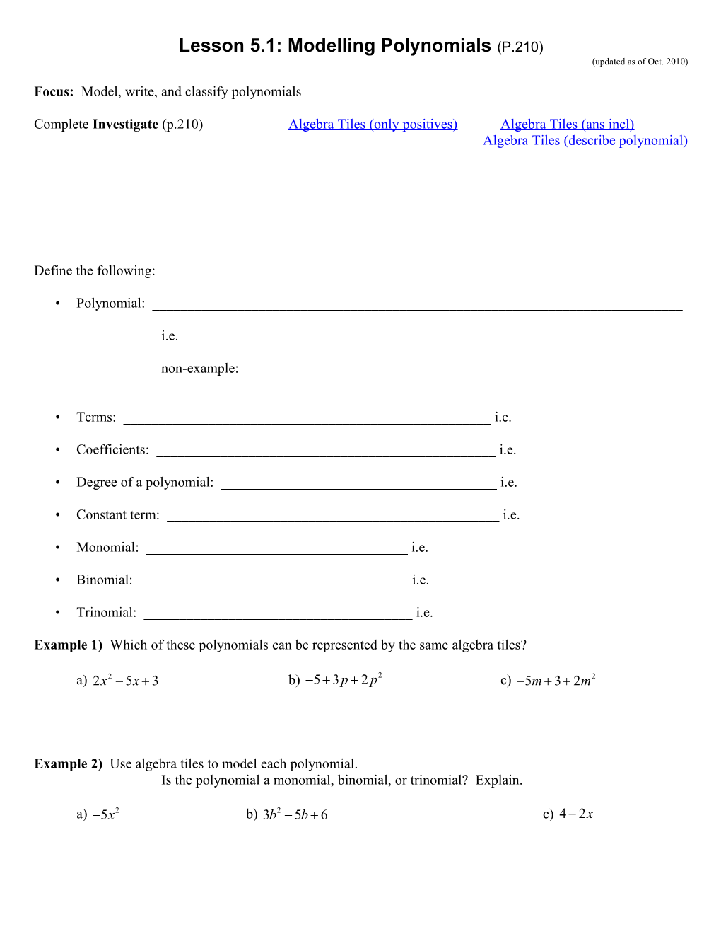 Focus: Model, Write, and Classify Polynomials