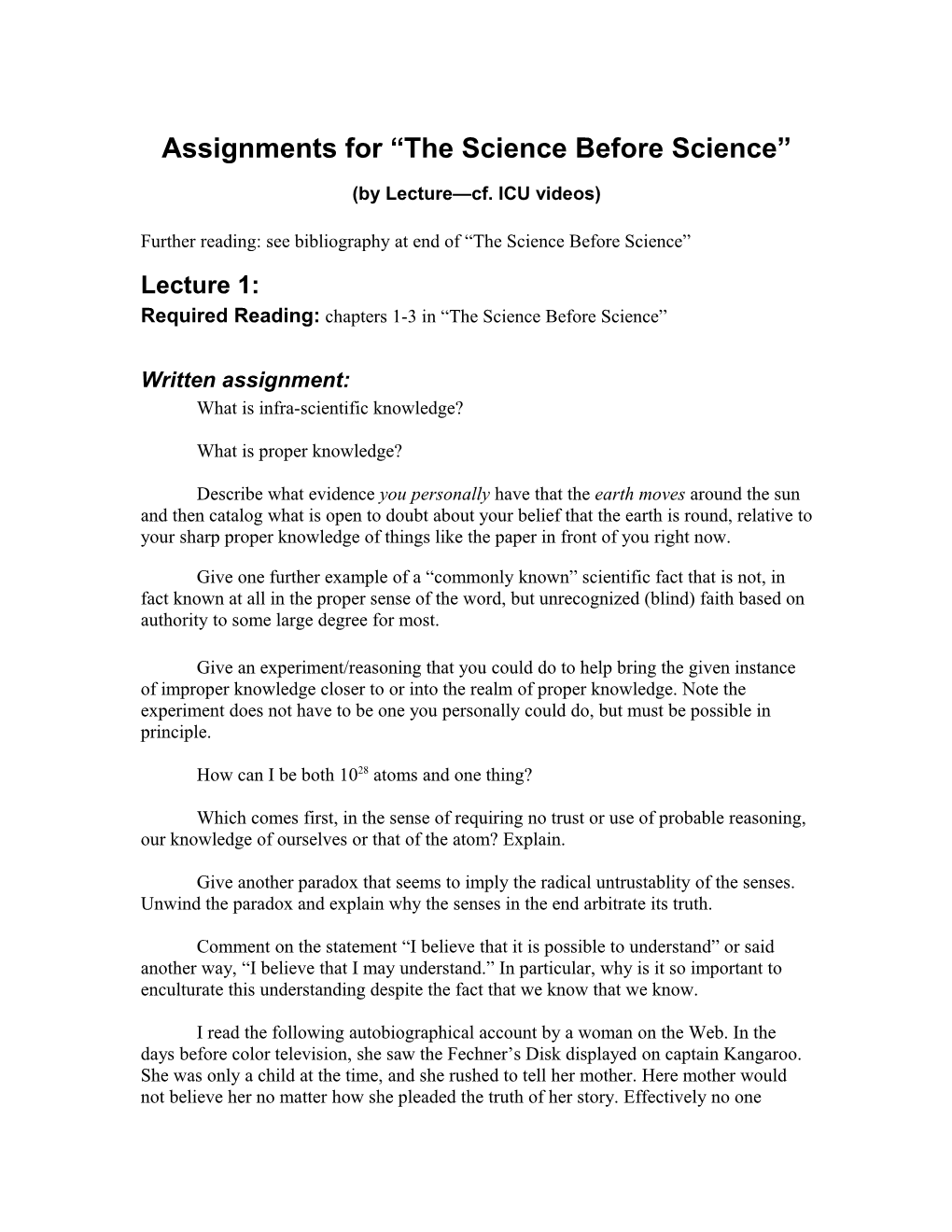 Assignments for the Science Before Science