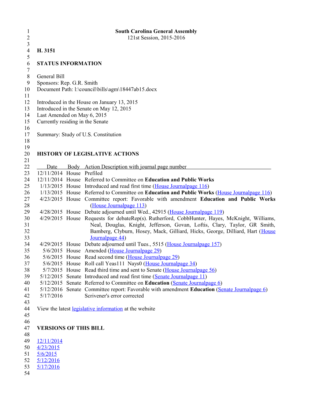 2015-2016 Bill 3151: Study of U.S. Constitution - South Carolina Legislature Online