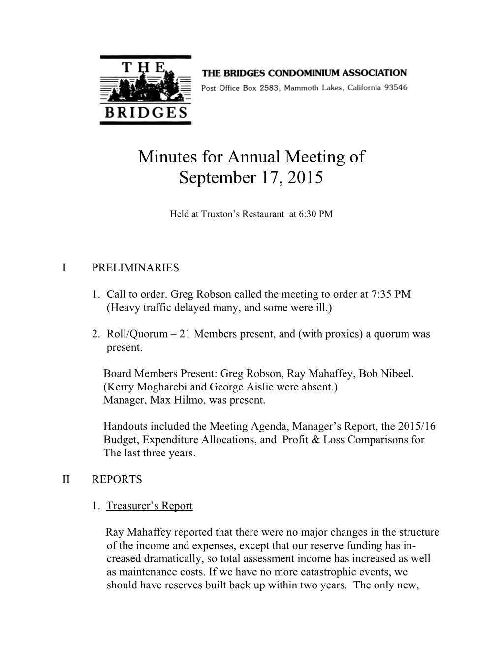 Minutes for Annual Meeting Of