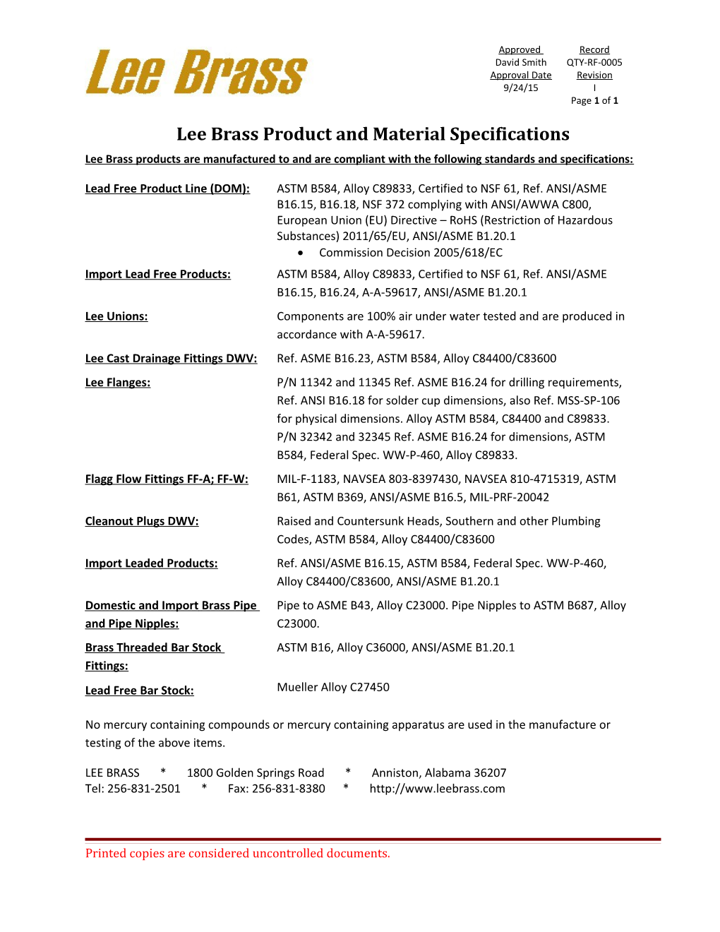 Lee Brass Product and Material Specifications