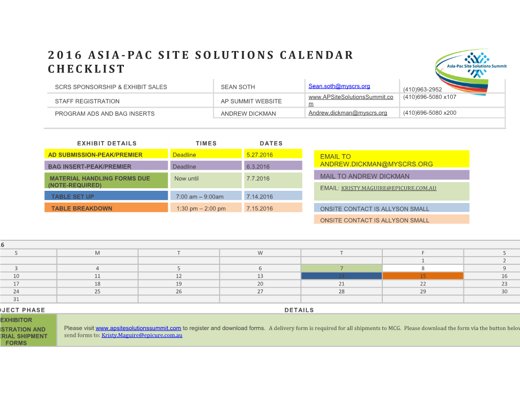 2016 Asia-Pac Site Solutions Calendar Checklist