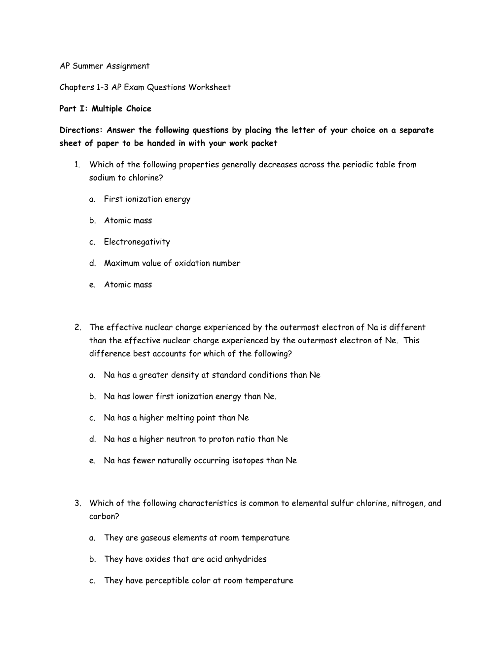 Chapters 1-3 AP Exam Questions Worksheet