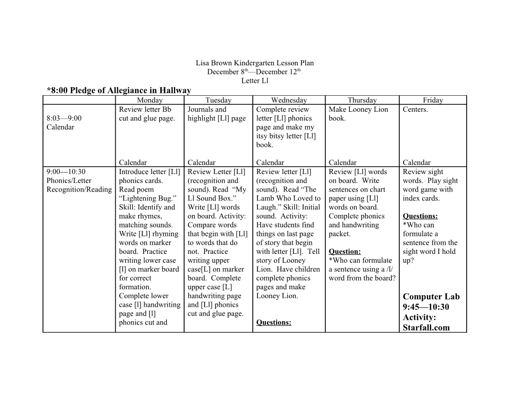 Lisa Brown Kindergarten Lesson Plan