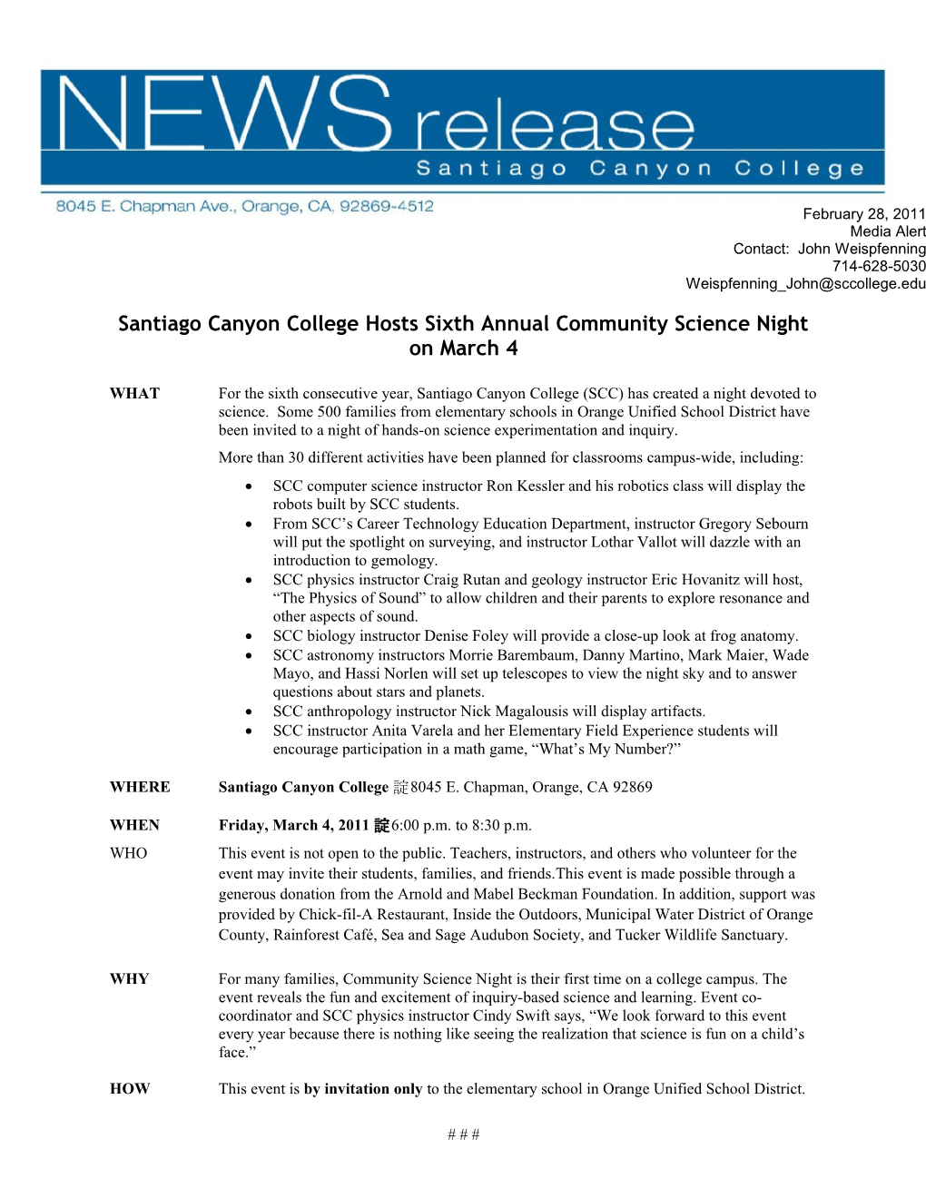 Santiago Canyon College Hosts Sixth Annual Community Science Night on March 4