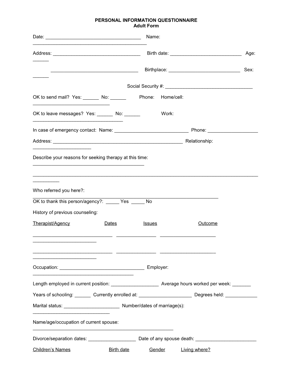 Personal Information Questionnaire