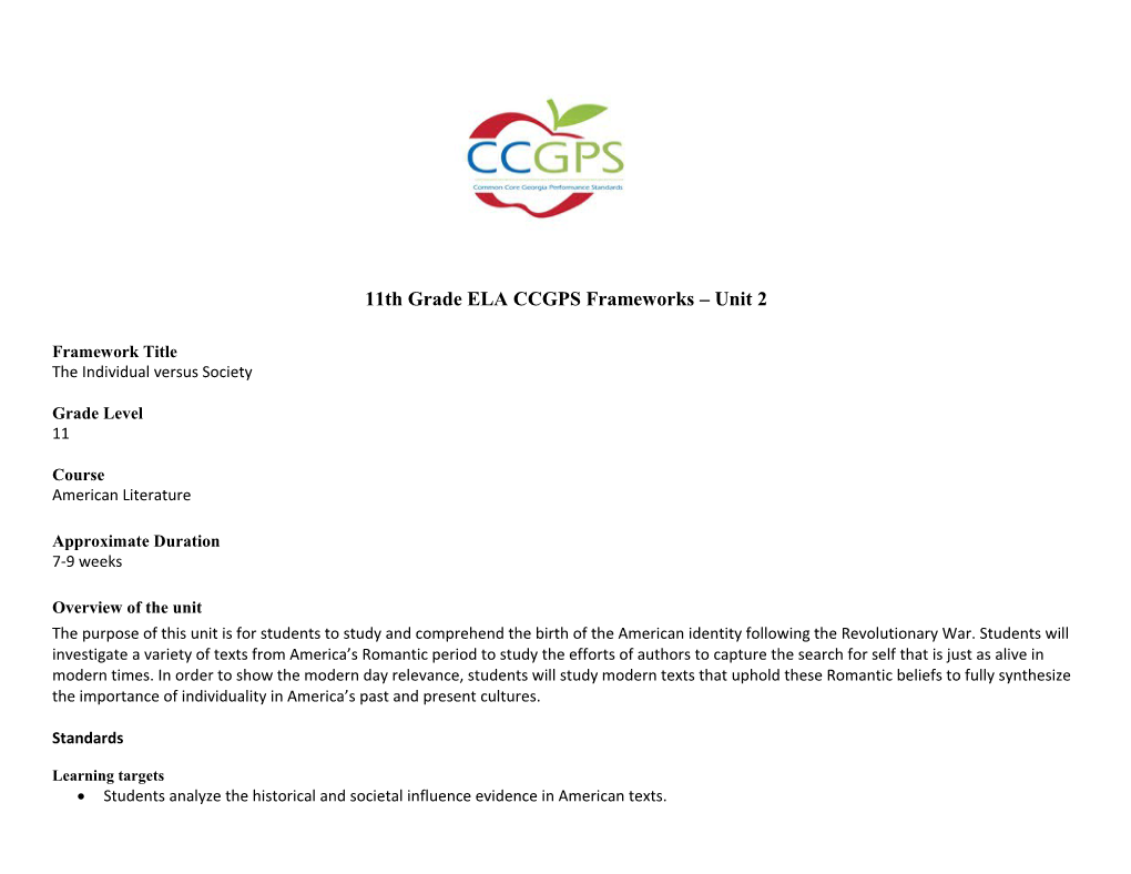 Grade 11 ELA CCGPS Frameworks Unit 1