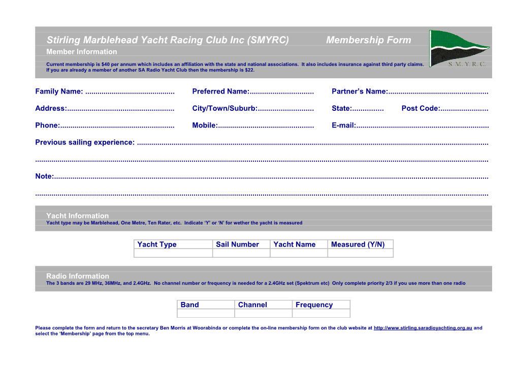Membership Form for Stirling Marblehead Yacht Racing Club