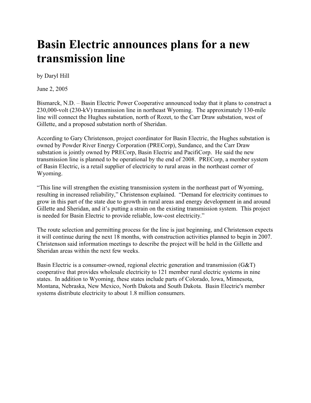 Basin Electric Announces Plans for a New Transmission Line