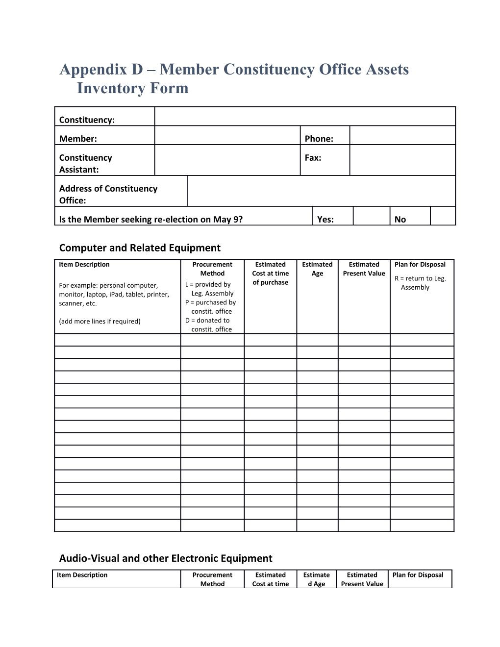 Appendix D Member Constituency Office Assets Inventory Form