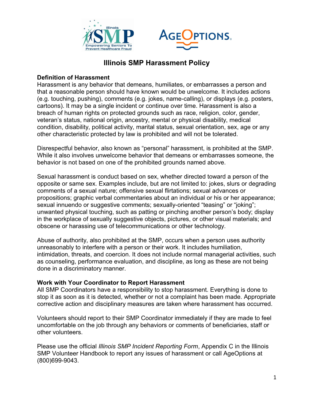 Illinois SMP Harassment Policy