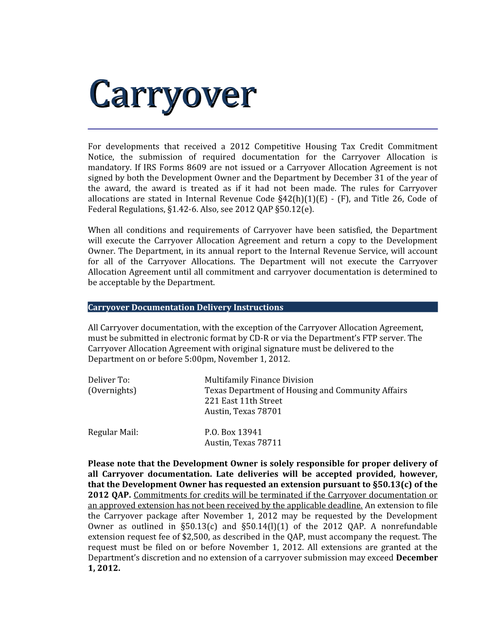 Carryover Documentation Delivery Instructions